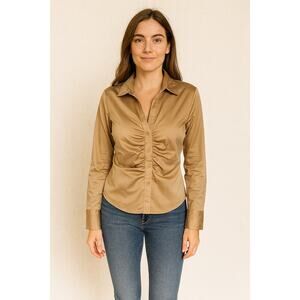 NWT Abercrombie & Fitch Women Satin Collar Ruched Button Up Shirt Bronze Size S